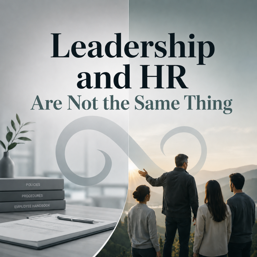 Leadership and HR are not the same thing, shown through a split image comparing HR systems and policies with leadership, people and direction, using Harmonise HR branding.